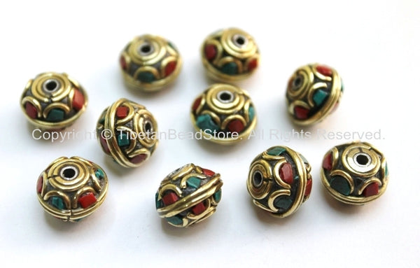 10 beads - Tibetan Floral Beads with Brass, Turquoise & Coral Inlays - Ethnic Beads - Tribal Beads - Tibetan Beads - B1598B-10