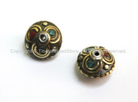 2 BEADS - Tibetan Floral Beads with Brass, Turquoise & Coral Inlays - Ethnic Tribal Tibetan Flower Brass Inlay Beads - B1612-2