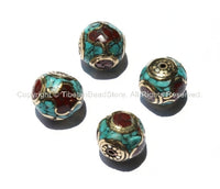 4 Beads - Nepalese Round Cube Beads with Brass, Turquoise & Copal Coral Inlays - B919