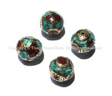 4 Beads - Nepalese Round Cube Beads with Brass, Turquoise & Copal Coral Inlays - B919