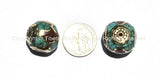 4 Beads - Nepalese Round Cube Beads with Brass, Turquoise & Copal Coral Inlays - B919