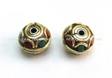 2 beads - Tibetan Floral Beads with Brass, Turquoise & Copal Coral Inlays - B1598-2