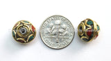 2 beads - Tibetan Floral Beads with Brass, Turquoise & Copal Coral Inlays - B1598-2