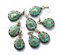 Tibetan Kalachakra Pendant with Brass, Turquoise & Coral Inlays - Small Inlaid Kalachakra Charm Pendant - WM3475