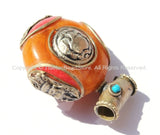 Tibetan Reversible Round Amber Copal Resin Pendant with Turquoise, Coral Inlays, Repousse Auspicious Conch & Vajra Details - WM6093