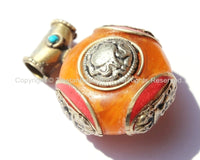Tibetan Reversible Round Amber Copal Resin Pendant with Turquoise, Coral Inlays, Repousse Auspicious Conch & Vajra Details - WM6093