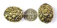 Tibetan Oval Shape Brass Bead with Repousse Carved Floral Details - 1 BEAD - Unique Ethnic Tibetan Bead - B2415