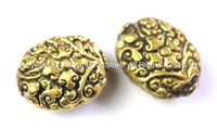 2 BEADS - Tibetan Beads - Tibetan Oval Shape Brass Focal Metal Beads with Repousse Carved Floral Details - Unique Tibetan Beads - B2415-2