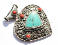 LARGE Ethnic Heart Shaped Tibetan Pendant with Repousse Carved Lotus Floral Details & Turquoise, Coral Inlays - Tibetan Pendant - WM5385
