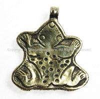 Reversible Ethnic Tribal Tibetan Antiqued Carved Bone Frog Pendant with Turquoise Inlays, Brass Carving on Back & Edging - WM4754