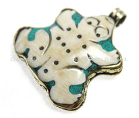 Reversible Ethnic Tribal Tibetan Antiqued Carved Bone Frog Pendant with Turquoise Inlays, Brass Carving on Back & Edging - WM4754