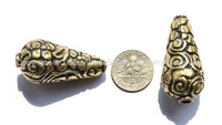 1 bead - Big Tibetan Repousse Brass Cone Bead with Floral Details - Ethnic Tibetan Brass Big Large Long Floral Cone Beads - B2195-1