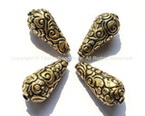 4 beads - Big Tibetan Repousse Brass Cone Beads with Floral Details - Ethnic Tibetan Brass Big Large Long Floral Cone Beads - B2195-4