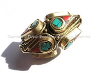 2 BEADS - BIG Ethnic Tibetan Thick Bicone Brass Beads with Turquoise & Copal Coral Inlays - Unique Tibetan Brass Beads - B1415B-2 - TibetanBeadStore