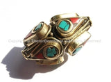 2 BEADS - BIG Ethnic Tibetan Thick Bicone Brass Beads with Turquoise & Copal Coral Inlays - Unique Tibetan Brass Beads - B1415B-2 - TibetanBeadStore
