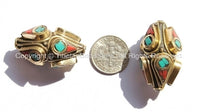 2 beads - Ethnic Tibetan Brass Beads with Turquoise & Copal Coral Inlays - Unique Nepal Tibetan Inlaid Brass Thick Handmade Beads - B1415