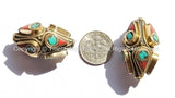 2 beads - Ethnic Tibetan Brass Beads with Turquoise & Copal Coral Inlays - Unique Nepal Tibetan Inlaid Brass Thick Handmade Beads - B1415