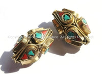 2 beads - Ethnic Tibetan Brass Beads with Turquoise & Copal Coral Inlays - Unique Nepal Tibetan Inlaid Brass Thick Handmade Beads - B1415