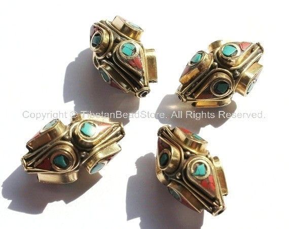 4 BEADS - BIG Ethnic Tibetan Thick Bicone Brass Beads with Turquoise & Coral Inlays - Unique Tibetan Brass Beads - B1415-4