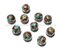 10 Beads - Nepalese Round Cube Beads with Brass, Turquoise & Copal Coral Inlays - B917
