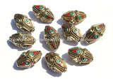 10 beads - Ethnic Tibetan Brass Beads with Turquoise & Coral Inlays - Nepal Tibetan Thick Brass Bicone Inlaid Handmade Beads - B2001-10