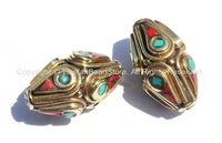 2 beads - Ethnic Tibetan Brass Beads with Turquoise & Coral Inlays - Nepal Tibetan Thick Brass Bicone Inlaid Handmade Beads - B2001-2