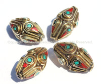4 beads - Ethnic Tibetan Brass Beads with Turquoise & Coral Inlays - Nepal Tibetan Thick Brass Bicone Inlaid Handmade Beads - B2001-4