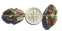 4 beads - Ethnic Tibetan Brass Beads with Turquoise & Coral Inlays - Nepal Tibetan Thick Brass Bicone Inlaid Handmade Beads - B2001-4