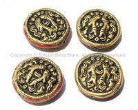 4 Beads - Tibetan Repousse Brass Auspicious Double Fish Round Disc Shape Beads with Coral Side Inlays - Ethnic Handmade Beads -  B2230-4