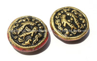 2 Beads - Tibetan Repousse Brass Auspicious Double Fish Round Disc Shape Beads with Coral Side Inlays - Ethnic Handmade Beads -  B2230-2