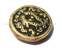 1 Bead - Tibetan Repousse Brass Auspicious Double Fish Round Disc Shape Bead with Coral Side Inlays - Ethnic Handmade Beads -  B2230-1