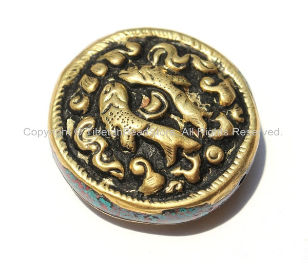 1 Bead - Tibetan Repousse Brass Auspicious Double Fish Round Disc Shape Focal Bead with Mixed Turquoise & Coral Side Inlays -  B2235-1