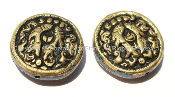 2 Beads - Tibetan Repousse Brass Auspicious Double Fish Round Disc Shape Focal Beads with Mixed Turquoise & Coral Side Inlays -  B2235-2