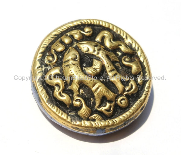 1 Bead - Tibetan Repousse Brass Auspicious Double Fish Round Disc Shape Bead with Lapis Side Inlays - Ethnic Handmade Beads -  B2238-1