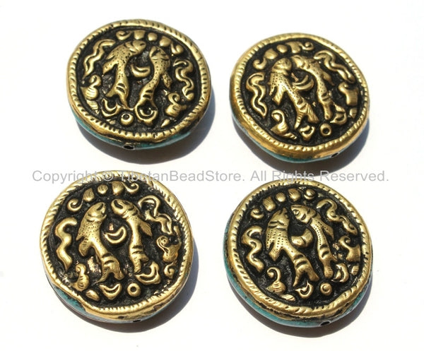 4 Beads - Large Tibetan Repousse Brass Auspicious Double Fish Round Disc Shape Beads with Turquoise Side Inlays -  B2240-4