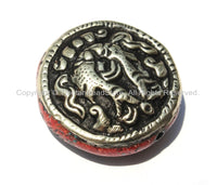 1 Bead - Tibetan Repousse Tibetan Silver Auspicious Double Fish Round Disc Shape Bead with Coral Side Inlays -Ethnic Handmade Bead-  B2232-1