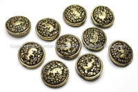 10 BEADS - Tibetan Brass Round Reversible Bead with Repousse Animal Details - Ethnic Handmade Tibetan Metal Beads - B1650-10