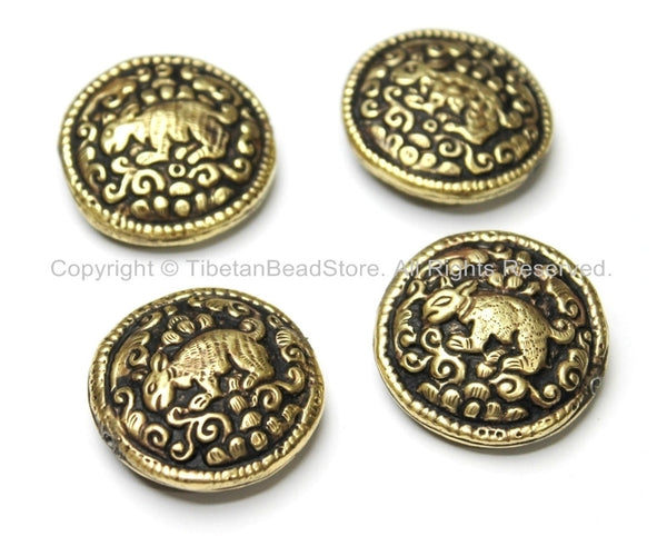 4 BEADS - Tibetan Brass Round Reversible Bead with Repousse Animal Details - Unique Ethnic Handmade Tibetan Metal Beads - B1650-4