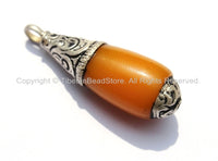 Tibetan Pendants - Tibetan Amber Resin Charm Pendants with Repousse Tibetan Silver Caps -  Ethnic Tibetan Amber Charms - WM5262-2