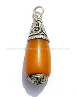 Tibetan Pendants - Tibetan Amber Resin Charm Pendants with Repousse Tibetan Silver Caps -  Ethnic Tibetan Amber Charms - WM5262-2