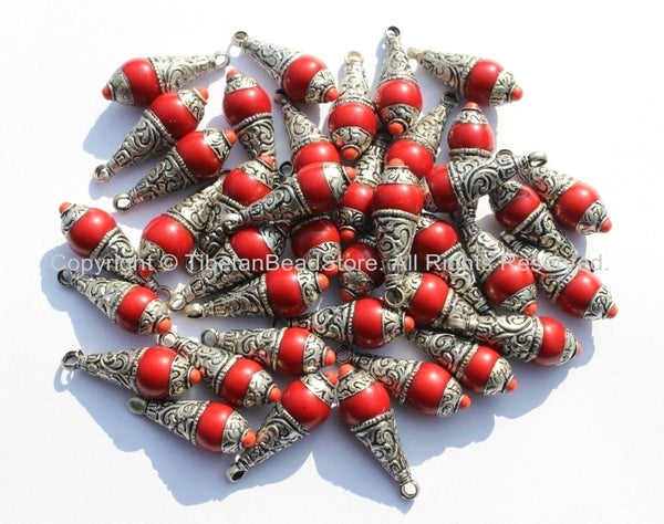 2 PENDANTS - Small Tibetan Red Resin Charm Pendants with Repousse Floral Tibetan Silver Caps, Coral Accent - Tibetan Pendant - WM5127-2