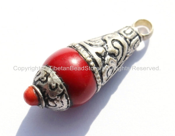 Small Tibetan Red Crackle Resin Charm Pendant with Repousse Floral Tibetan Silver Caps, Copal Accent - Tibetan Pendant - WM5127