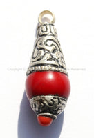 Small Tibetan Red Crackle Resin Charm Pendant with Repousse Floral Tibetan Silver Caps, Copal Accent - Tibetan Pendant - WM5127