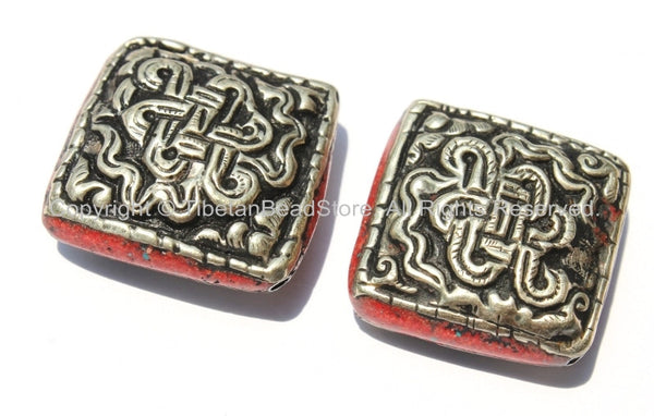 2 Beads - Large Tibetan Repousse Tibetan Silver Endless Knot Beads with Coral Side Inlays - Big Square Focal Beads - B2265-2
