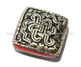 1 Bead - Large Tibetan Repousse Tibetan Silver Endless Knot Bead with Coral Side Inlays - Big Square Focal Bead - B2265-1