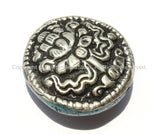 1 Bead - Big Tibetan Repousse Carved Tibetan Silver Auspicious Lotus Round Disc Shape Bead with Turquoise Side Inlays -  B2280-1