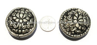 1 Bead - Big Tibetan Repousse Carved Tibetan Silver Auspicious Lotus Round Disc Shape Bead with Turquoise Side Inlays -  B2280-1