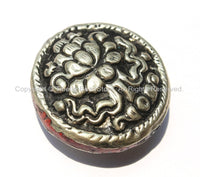 1 Bead - Big Tibetan Repousse Carved Tibetan Silver Auspicious Lotus Round Disc Shape Bead with Coral Side Inlays -  B2272-1