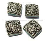 4 Beads - Large Tibetan Repousse Tibetan Silver Endless Knot Beads with Turquoise Side Inlays- Big Square Diamond Shape Focal Beads- B2255-4