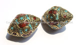 2 beads - Ethnic Nepal Tibetan Thick Bicone Beads with Intricate Brass, Turquoise  & Coral Inlays - B2297-2